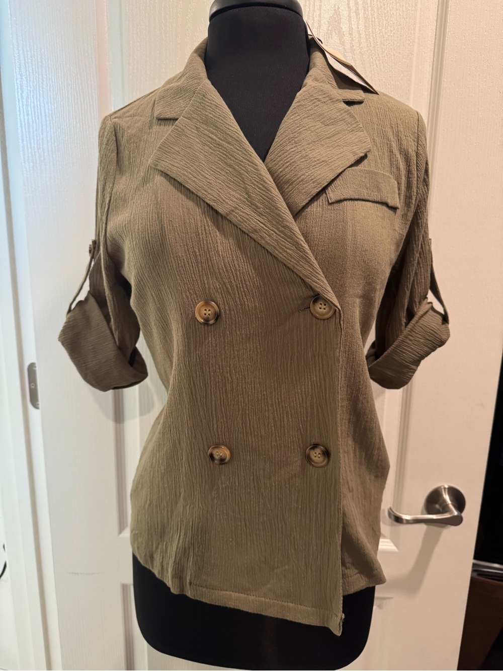 Olive Double-Breasted Roll-Sleeve Women's Top